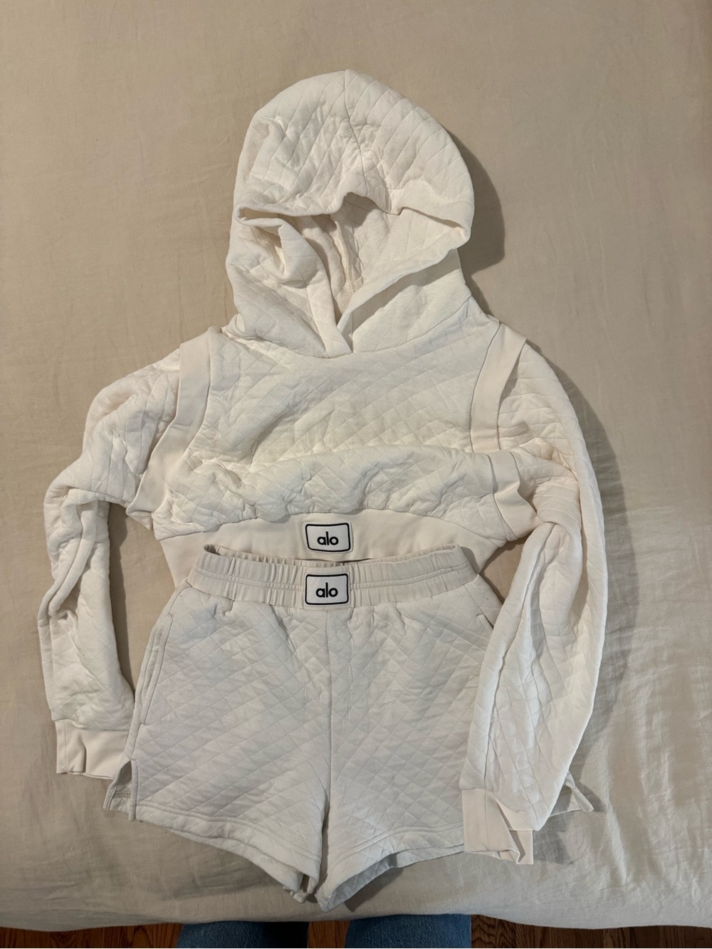 ALO Yoga Quilted Cream Hoodie & Shorts Set